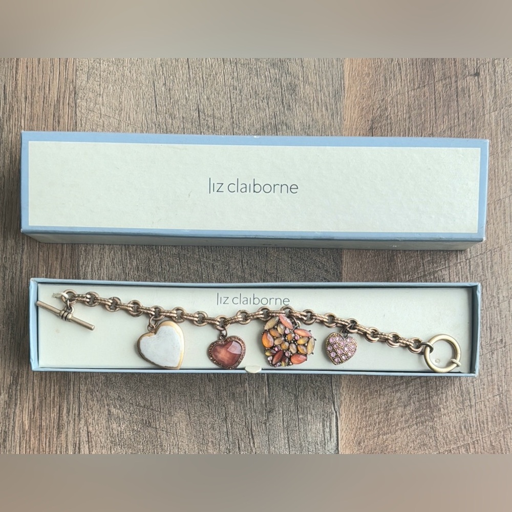 Vtg Liz Claiborne Charm Heart Bracelet Lockets Rhinestone Jeweled Gold Tone